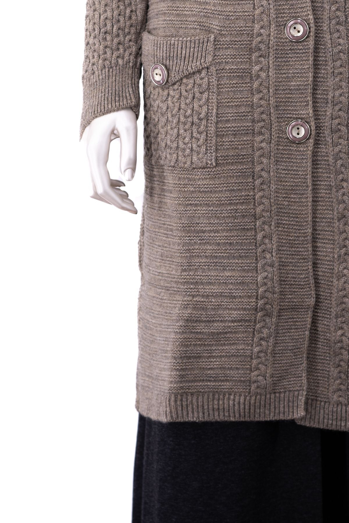 Kadın Kalın Kışlık Örgü Motifli Çift Cepli Triko Örme Anne Hırka Yakalı Rahat Kesim TamKalıp