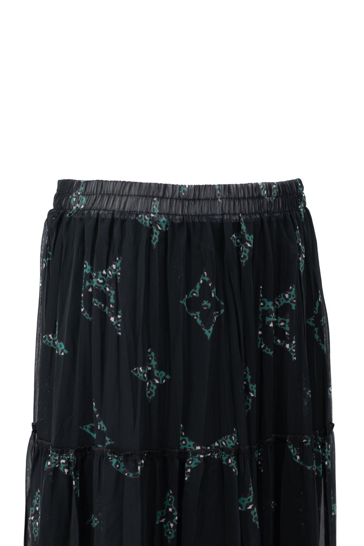 Kadın Astarlı Şifon Etek Bahçecik Desenli Beli Lastikli Rahat Kesim Parçalı