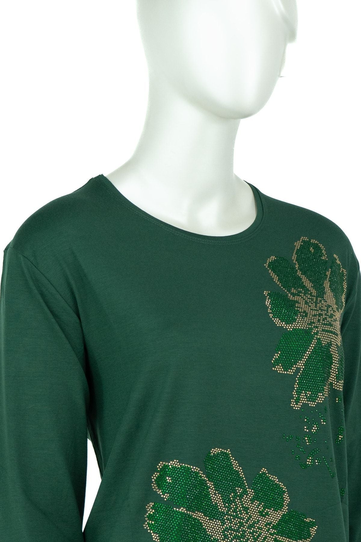 Kadın Papatya Taşlı Yuvarlak Yaka Uzun Kollu Tam Kalıp Likralı Viskon Penye Kumaş Anne Bluz