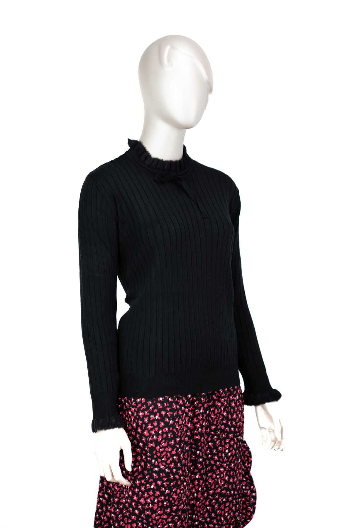 Kadın Pamuklu Örme Badi Kazak Likralı Esnek Çizgi Motifli Bağcıklı Yuvarlak Yakalı Uzun Kol