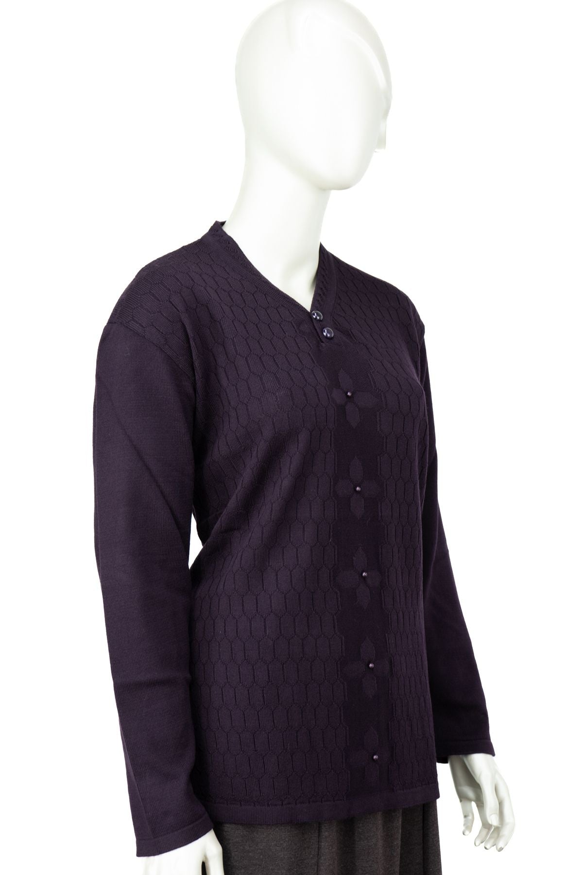 Kadın Kışlık Pamuklu Triko Dokuma Anne Kazak Boncuklu Petek Motifli V Yakalı Rahat Kesim