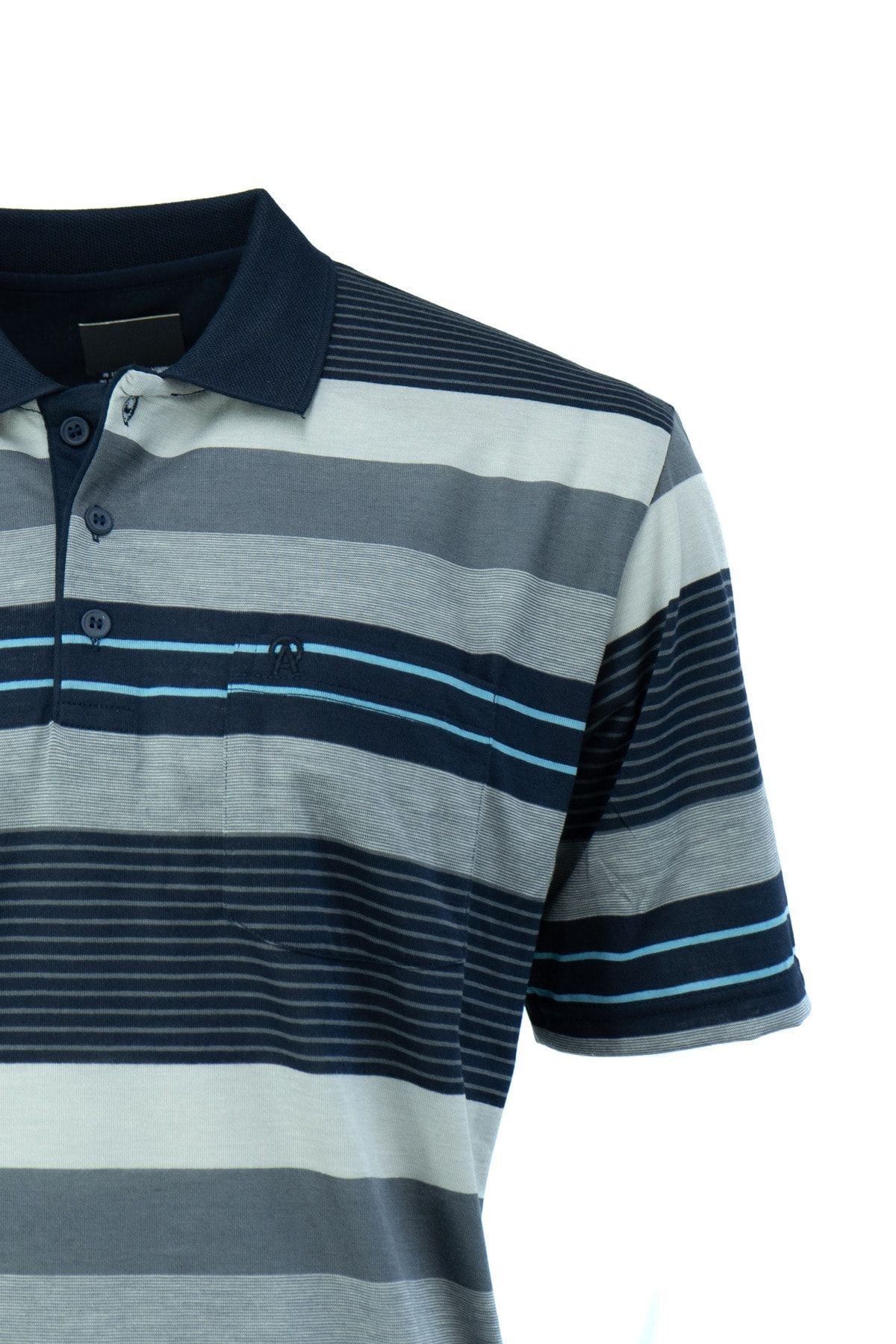 Erkek Klasik Polo Yaka Cepli Kısa Kol Ringerli Çizgi Desenli Tam Kalıp Pamuklu Kumaş T-Shirt