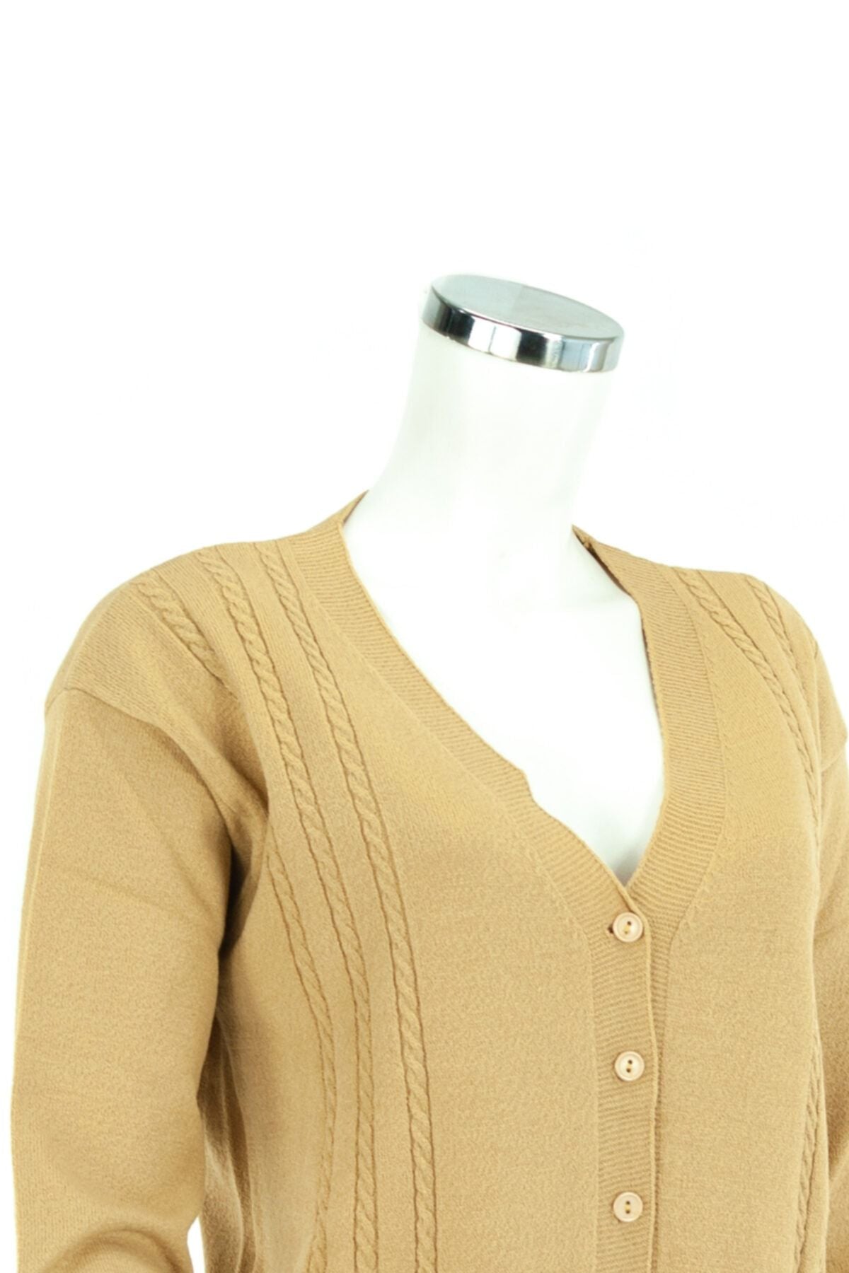 Kadın Sarı Kışlık Desenli Düğmeli Cepli Normal Kesim Likralı Kardelen Kumaş Kısa Hırka