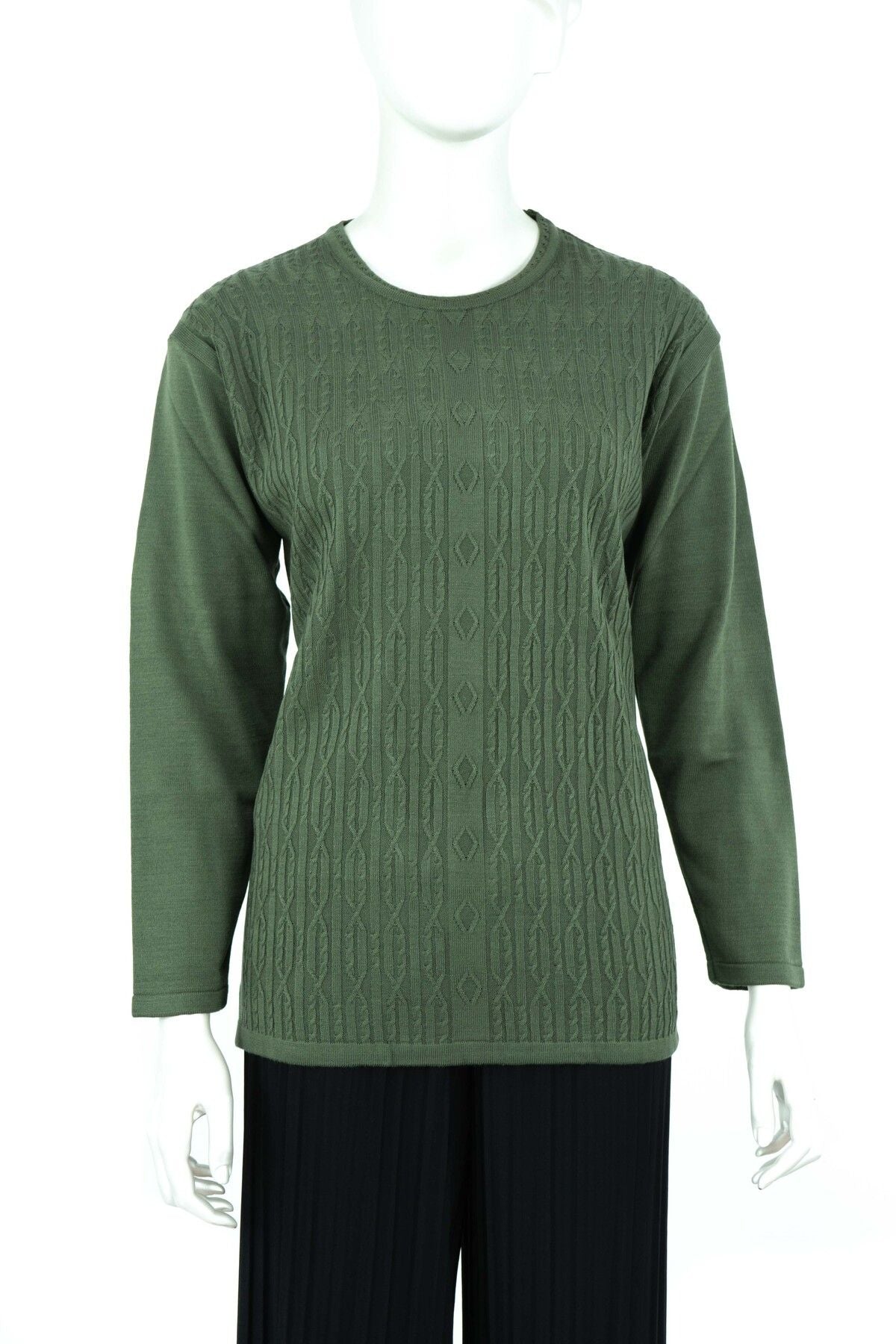 Kadın Kışlık Kendinden Motifli Yuvarlak Yaka Likralı Pamuklu Triko Dokuma Anne Kazak