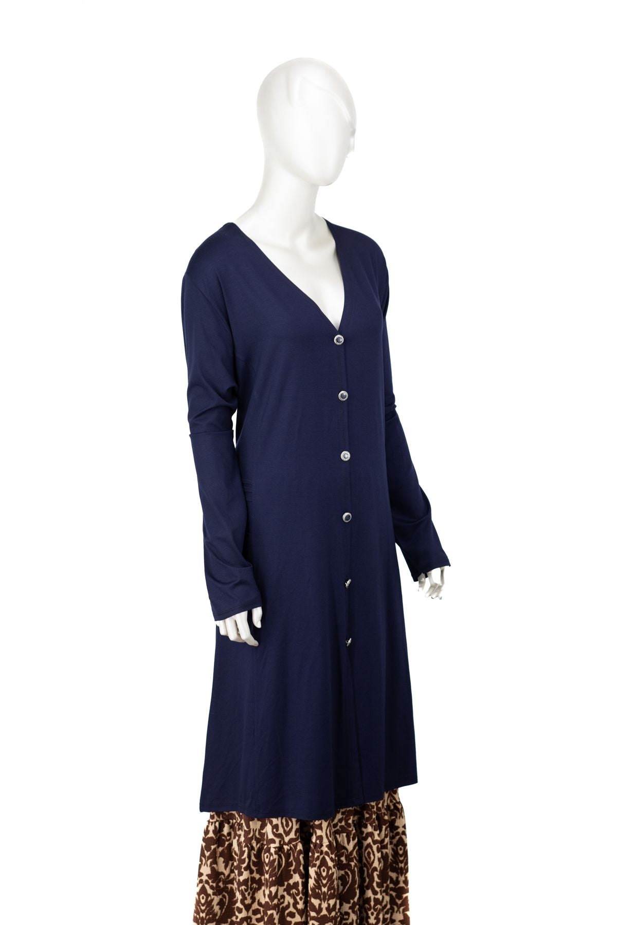 Kadın Uzun Anne Hırka Önü Düğmeli Cepli Rahat Kesim Likralı V Yaka Turlu Viskon Penye Kumaş