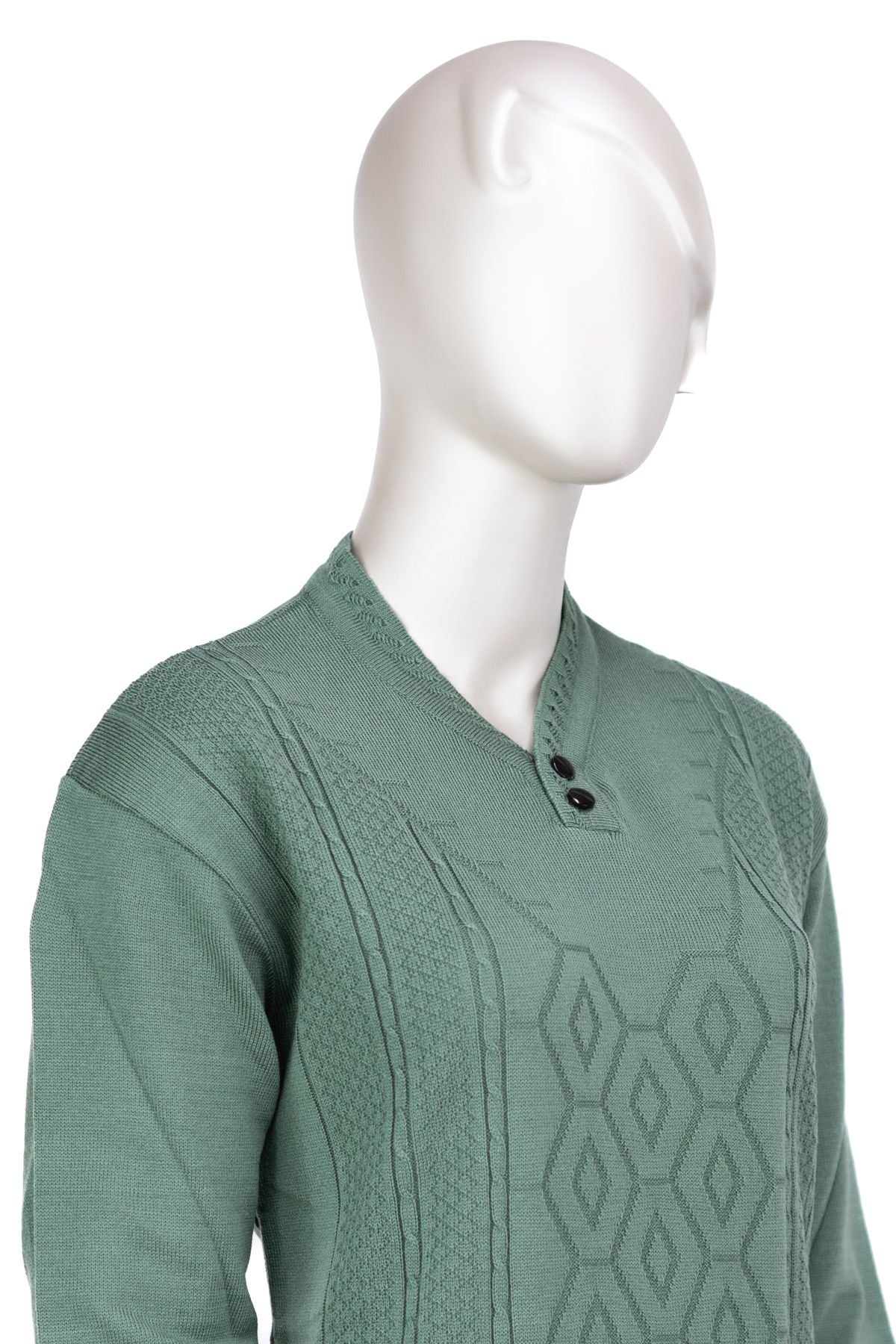 Kadın Kışlık Petek Motifli iki Düğmeli V Yakalı Tam Kalıp Pamuklu Triko Dokuma Anne Kazak