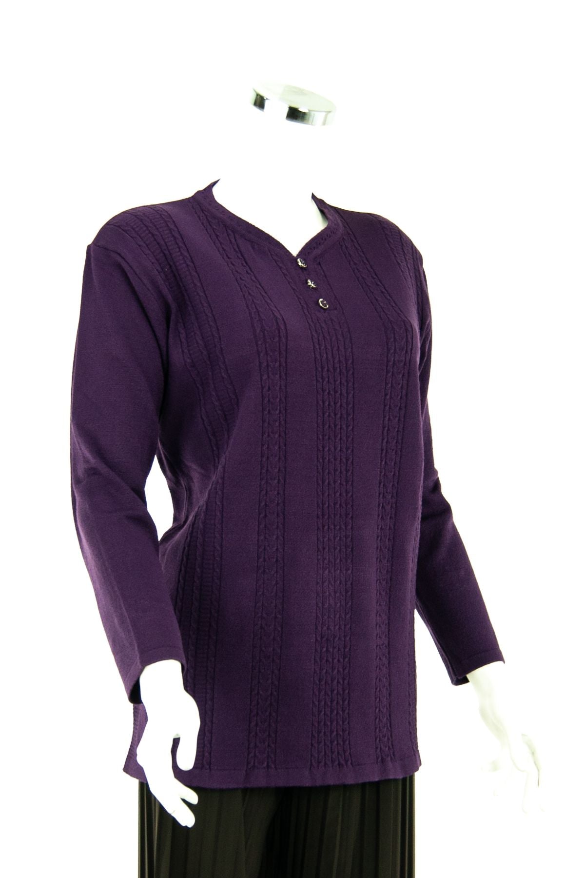 Kadın Mor Kışlık Armut Yaka Normal Kesim Likralı Pamuklu Kardelen Dokuma Anne Kazak