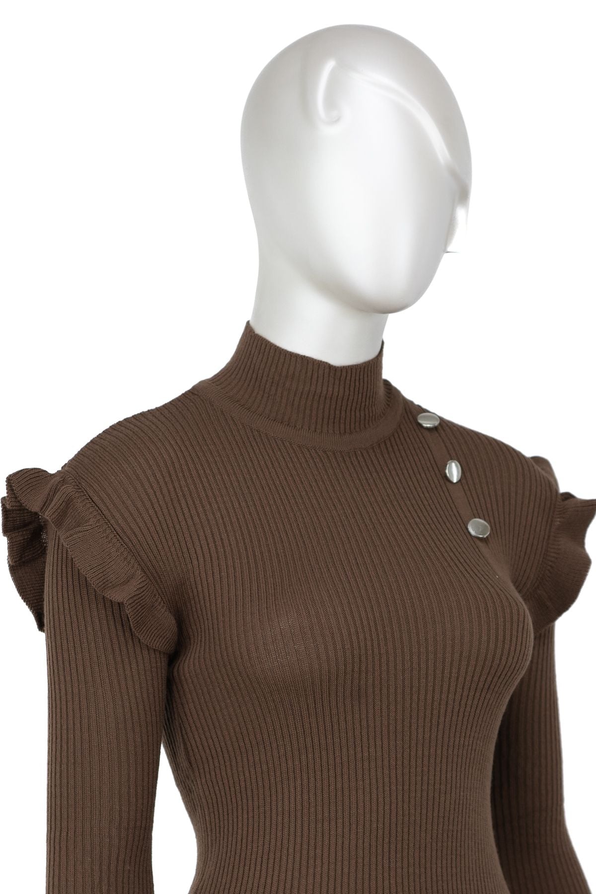 Kadın Kışlık Kolları Şık DüğmeDetaylı Yarım Yaka Bedene Oturan Likralı Örme Triko Badi Kazak