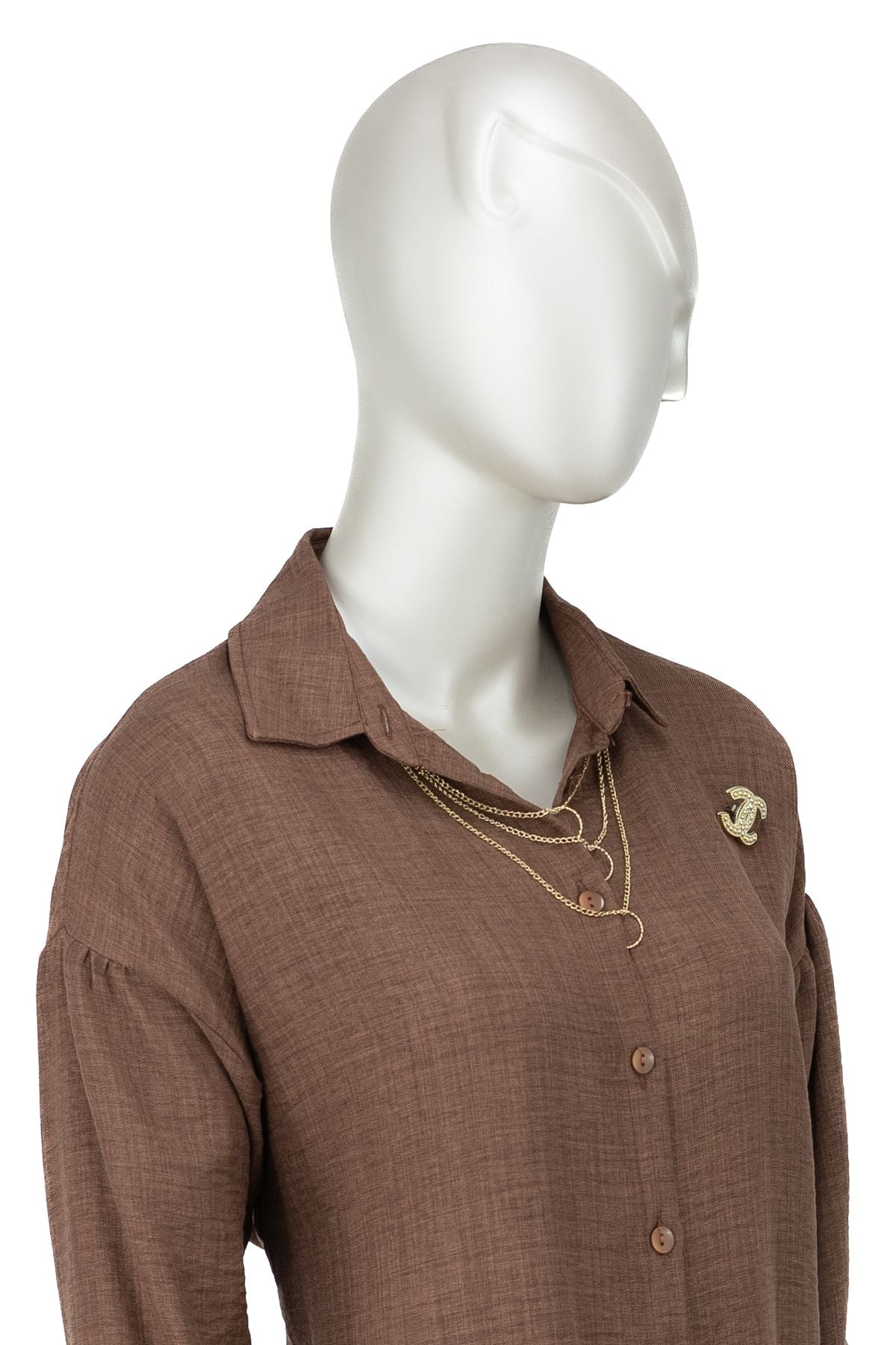 Kadın ikili Piliseli Keten Takım Yakası Kolyeli Önü Düğmeli Gömlek Yaka Şık Modelli TamKalıp