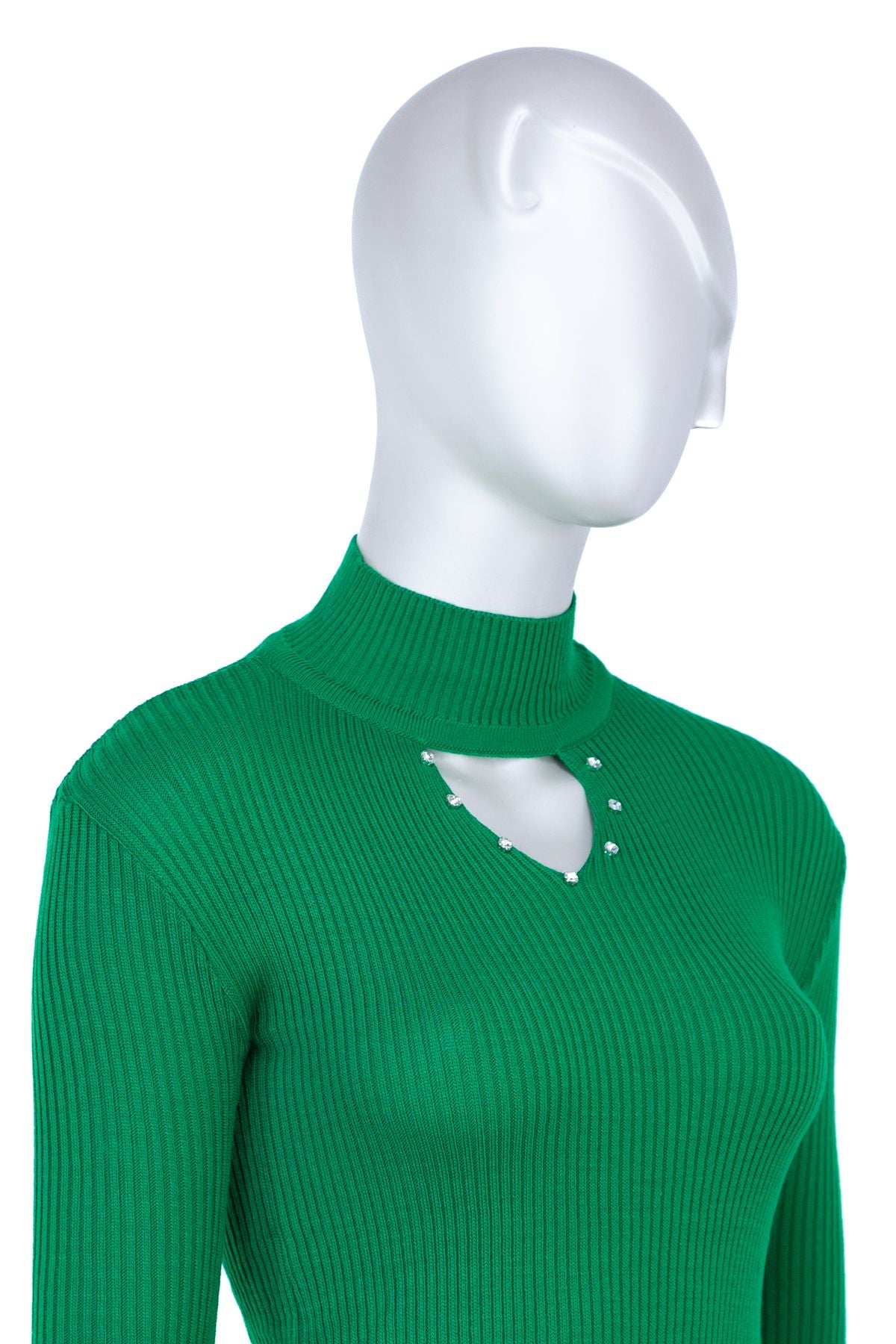 Kadın Kışlık Yarım Yakalı ve Taşlı Yaka Açıklığı Bulunan Bedene Oturan Örme Triko Badi Kazak