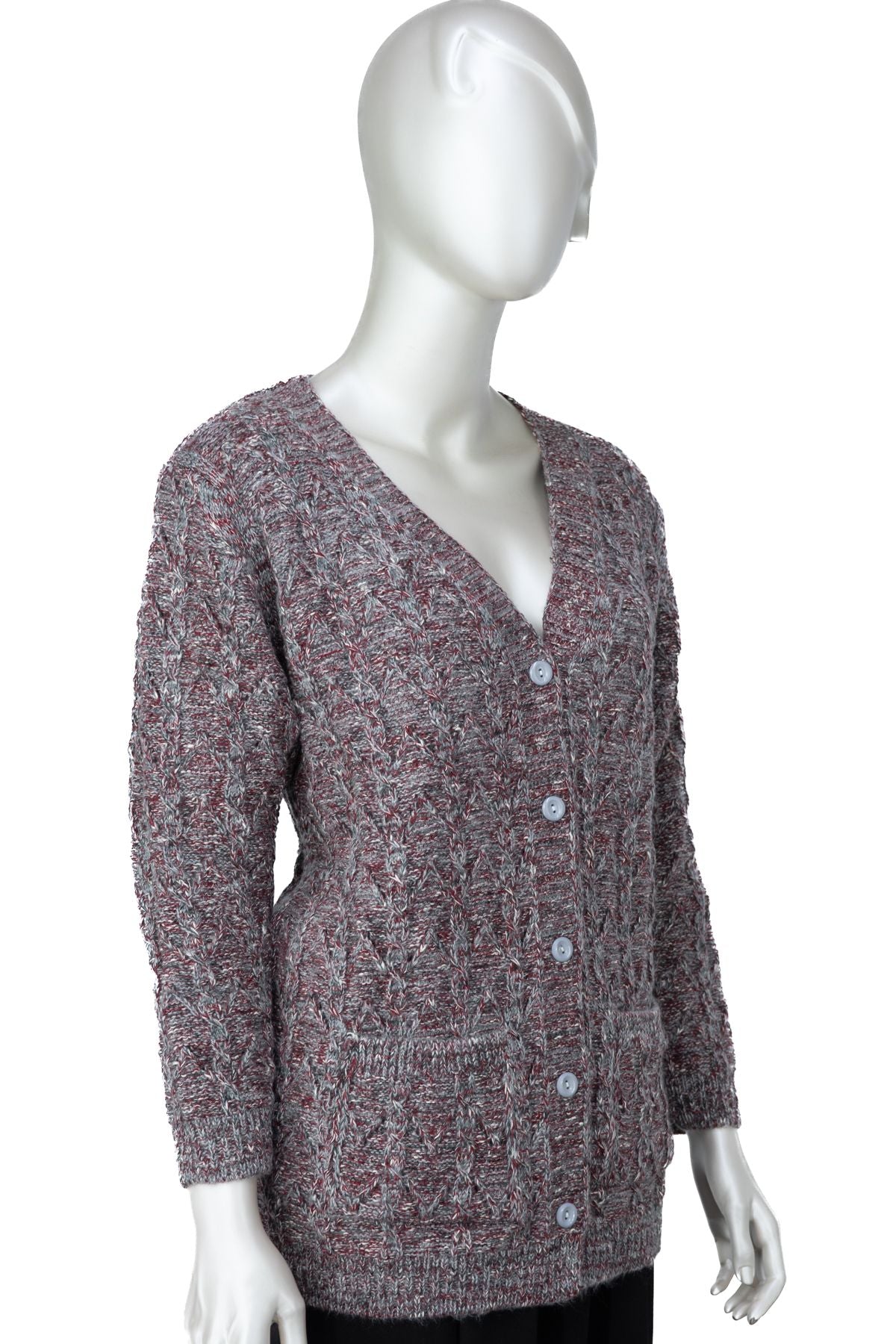 Kadın Kışlık Anne Hırka Pamuklu Triko Begonya Örgü Model Önden Düğmeli Çift Cepli Rahat