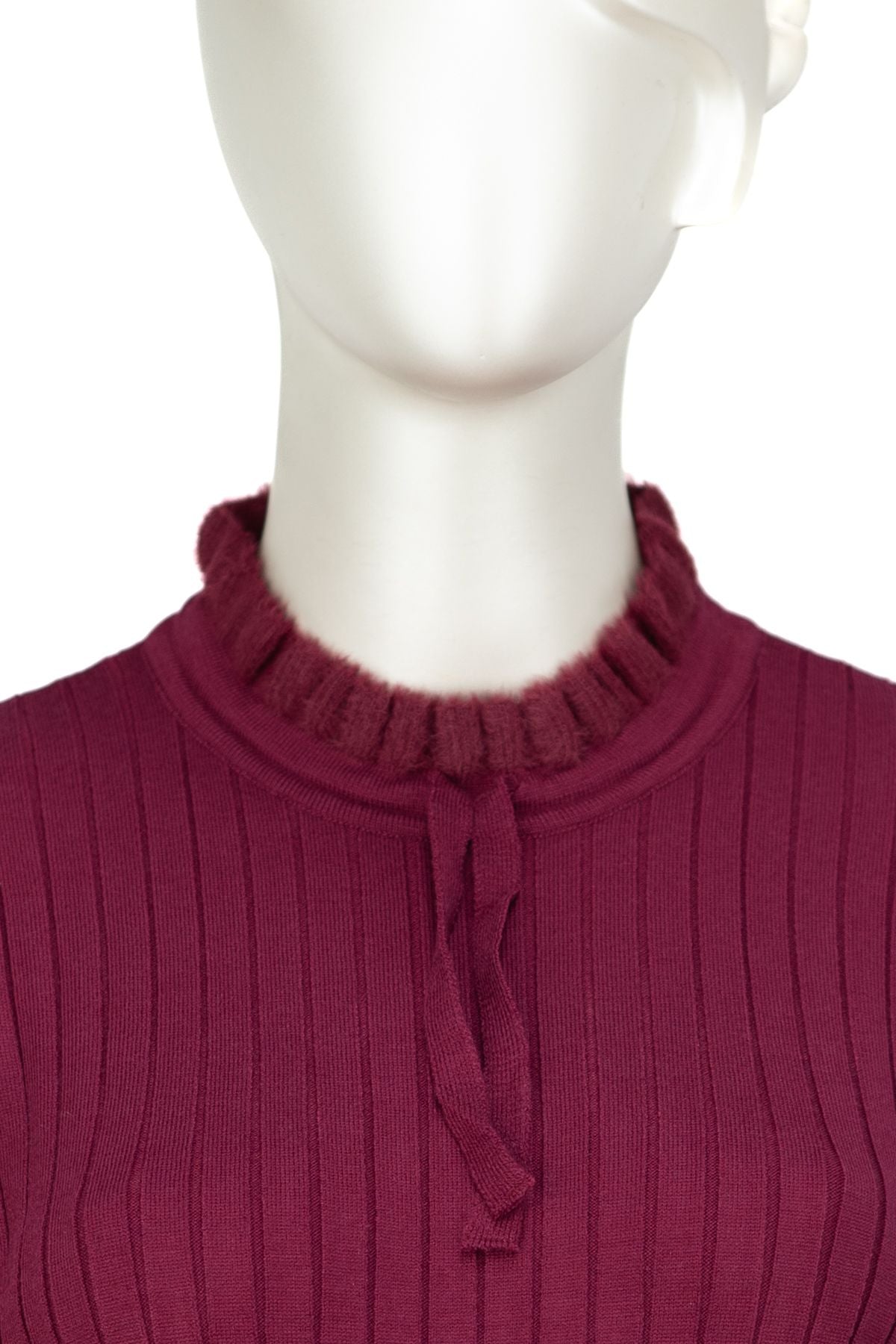 Kadın Pamuklu Örme Badi Kazak Likralı Esnek Çizgi Motifli Bağcıklı Yuvarlak Yakalı Uzun Kol