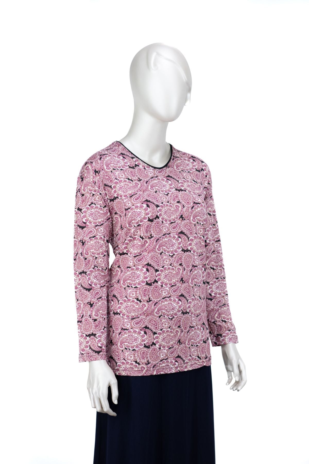 Kadın Turlu Viskon Penye Kumaş Anne Bluz Nilüfer Desenli Uzun Kollu Tam Kalıp Likralı