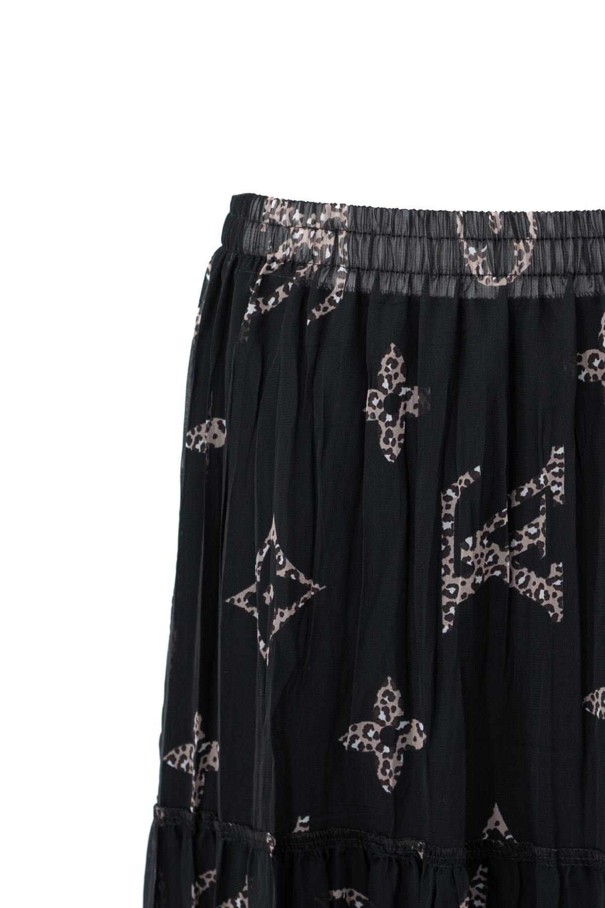 Kadın Astarlı Şifon Etek Bahçecik Desenli Beli Lastikli Rahat Kesim Parçalı