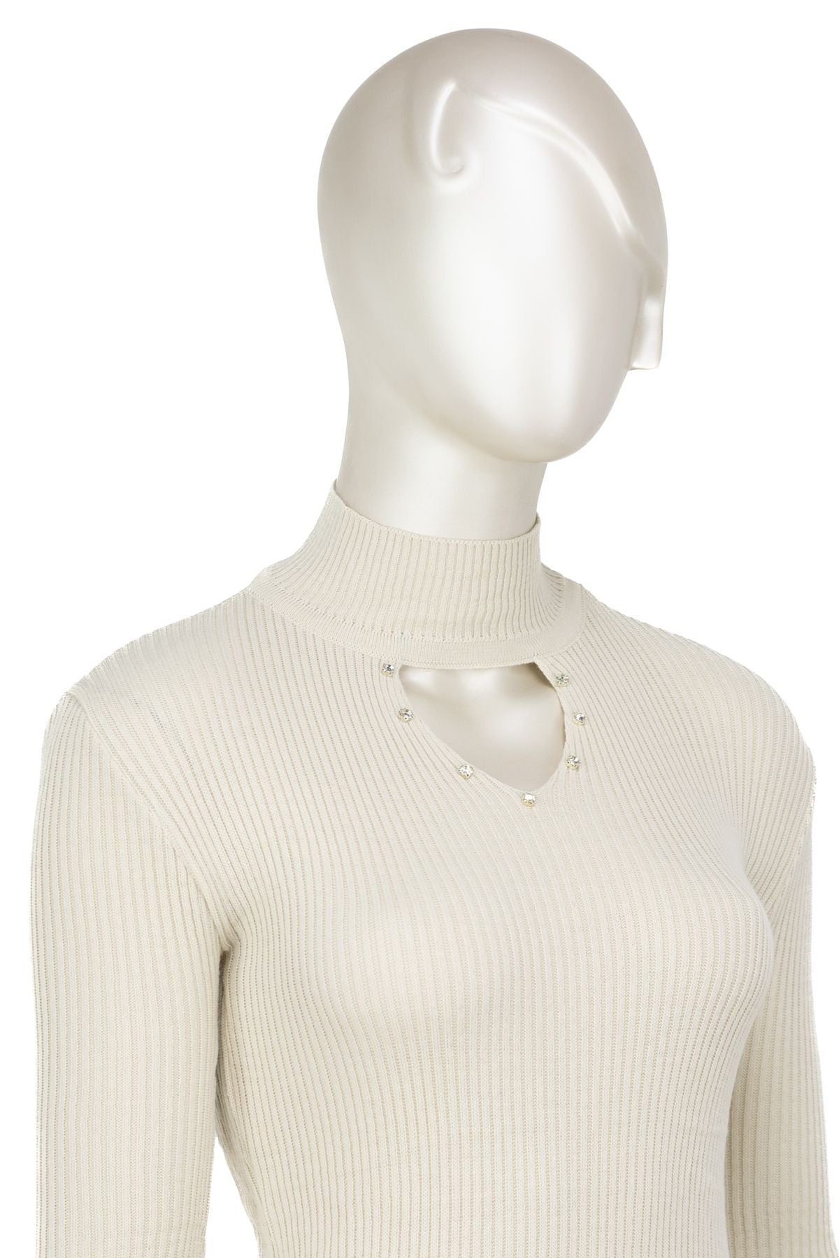 Kadın Kışlık Yarım Yakalı ve Taşlı Yaka Açıklığı Bulunan Bedene Oturan Örme Triko Badi Kazak