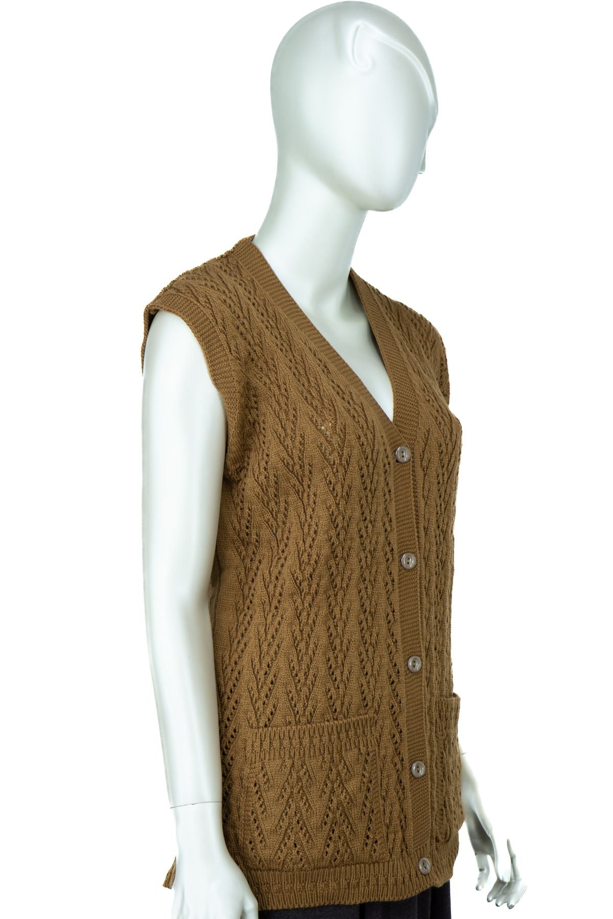 Kadın Kışlık Pamuklu Triko Klasik Örme Anne Yelek Kilim Örgü Model Önden Düğmeli Çift Cepli