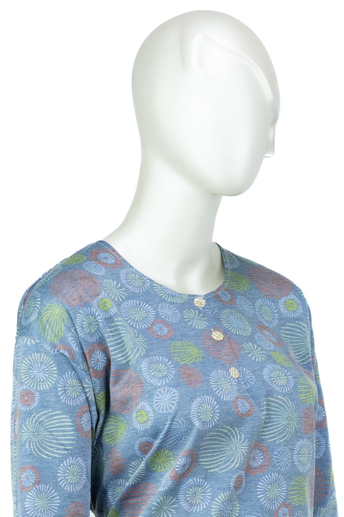 Kadın Kağıt Baskı Klasik Anne Bluz Pamuk Kumaş Gelin Desenli Üç Düğmeli Yuvarlak Yaka Rahat