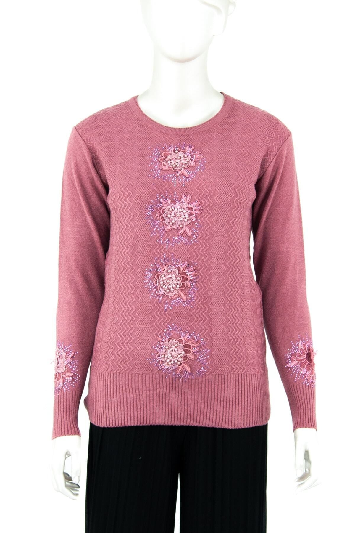 Kadın Kışlık Çiçek Tacı Motifli Boncuklu Ve Taşlı Kardelen Dokuma Genç Anne Triko Kazak