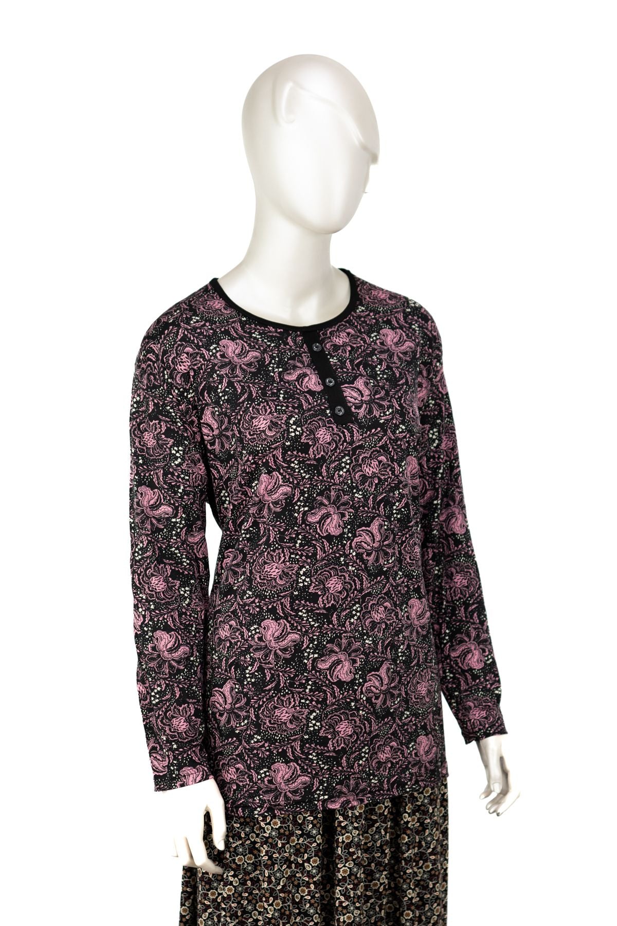 Kadın Turlu Viskon Penye Kumaş Anne Bluz Gül Desenli Likralı Yuvarlak Yaka Tam Kalıp