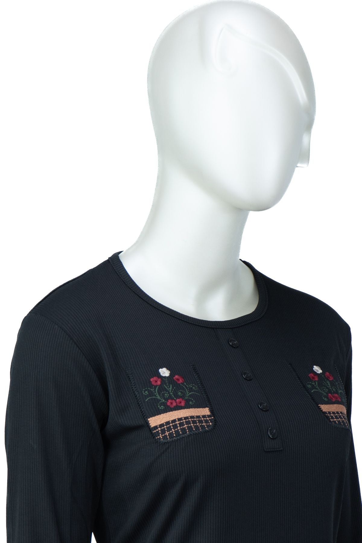 Kadın Badi Bluz Gofre Kumaş Sümbül Nakışlı Likralı Yuvarlak Yaka Uzun Kollu Normal Kesim