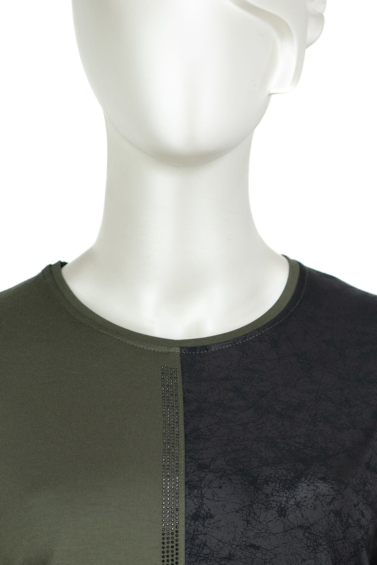 Kadın Viskon Penye Kumaş Taşlı Anne Bluz Yuvarlak Yaka Desenli Uzun Kol Tam Kalıp