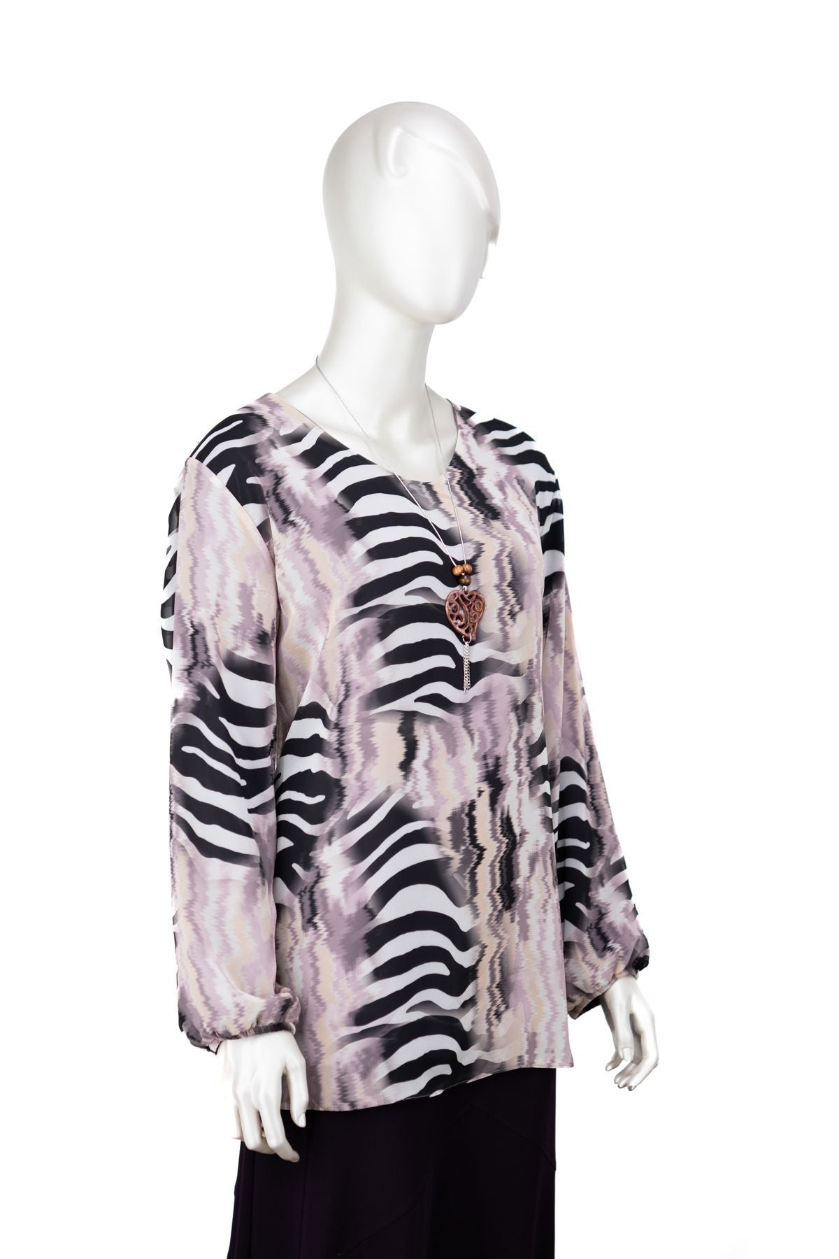 Kadın Klasik Şifon Anne Bluz Viskoz Kumaş Deniz Desenli Kolyeli Uzun Kollu Astarlı Tam Kalıp