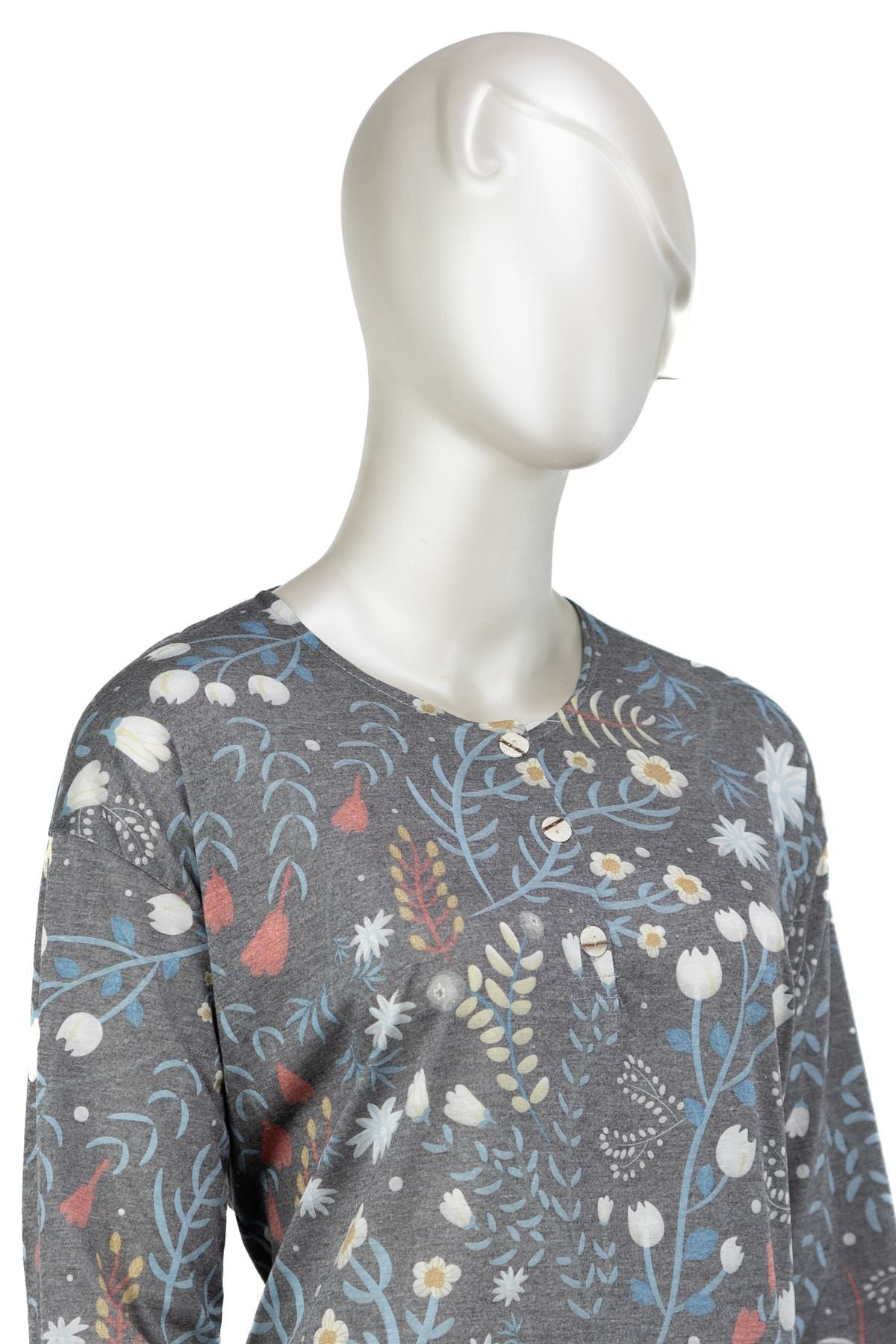 Kadın Kağıt Baskı Klasik Anne Bluz Orkide Desenli Üç Düğmeli Yuvarlak Yaka Likralı Tam Kalıp