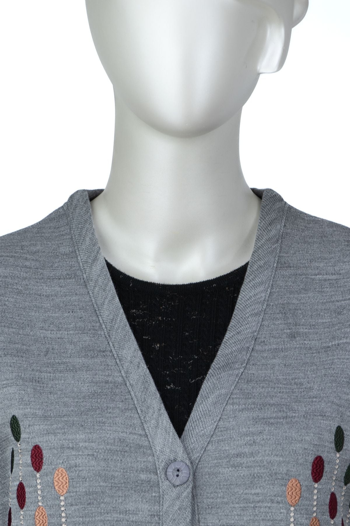 Kadın Çelik Örme Anne Yelek V Yaka Damlam Nakışlı Çift Cepli Düğmeli Rahat Tam Kalıp Likralı