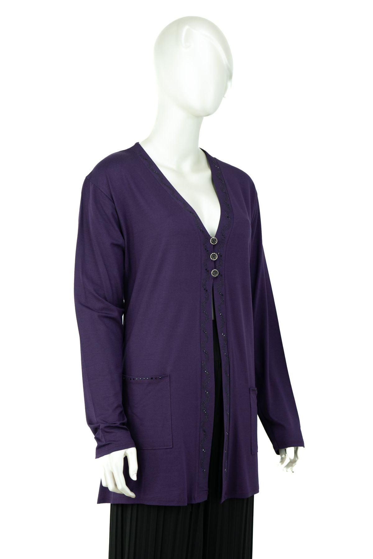 Kadın Düğmeli Taşlı Modelli Cepli Tam Kalıp Likralı Turlu Viskon Penye Kumaş Klasik Hırka