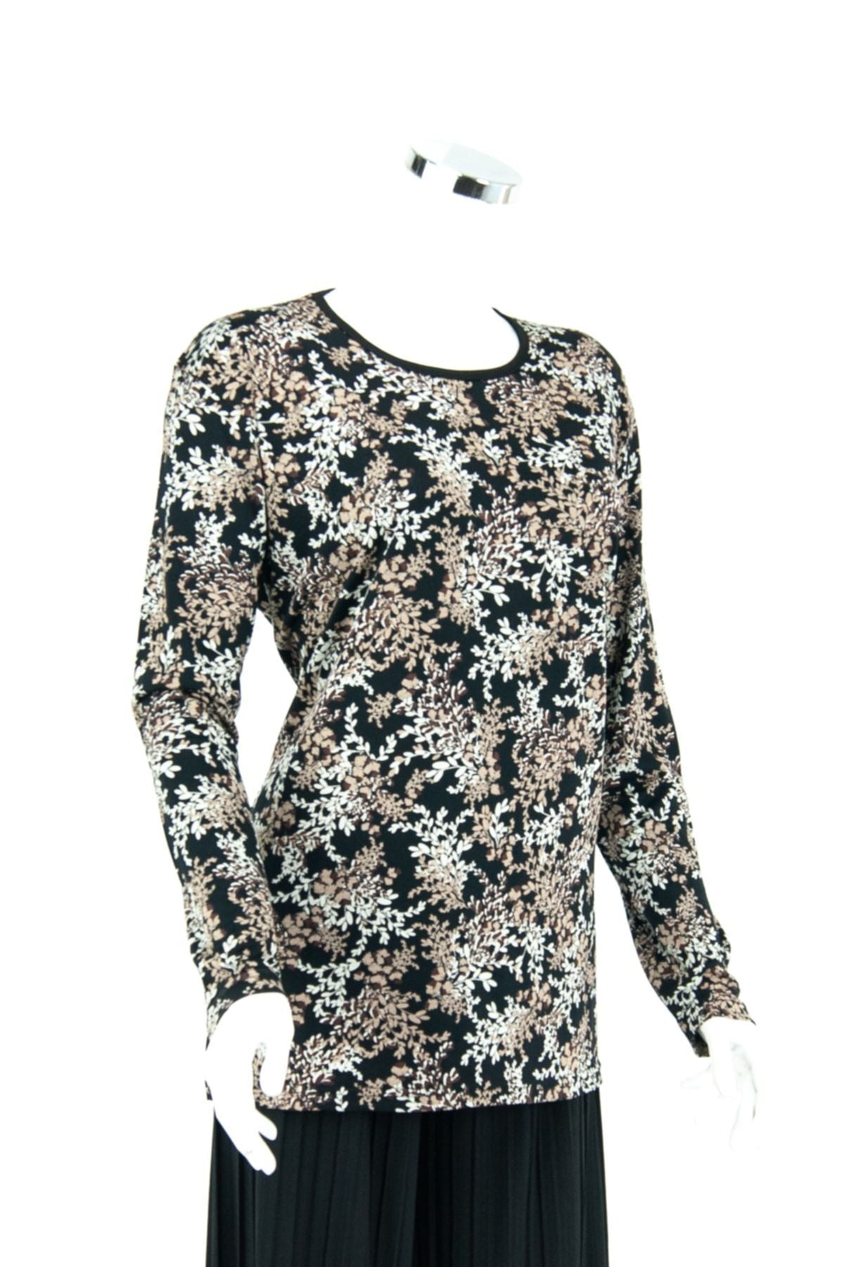 Kadın Çiçek Demeti Desenli Yuvarlak Yaka Normal Kesim Likralı Pamuklu Penye Kumaş Anne Bluz