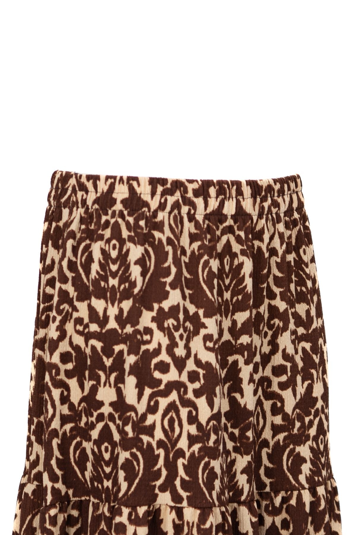 Kadın Gofre Kumaş Etek Bahçe Lale Desenli Üç Katlı Etek Ucu Çan Modelli Likralı Rahat