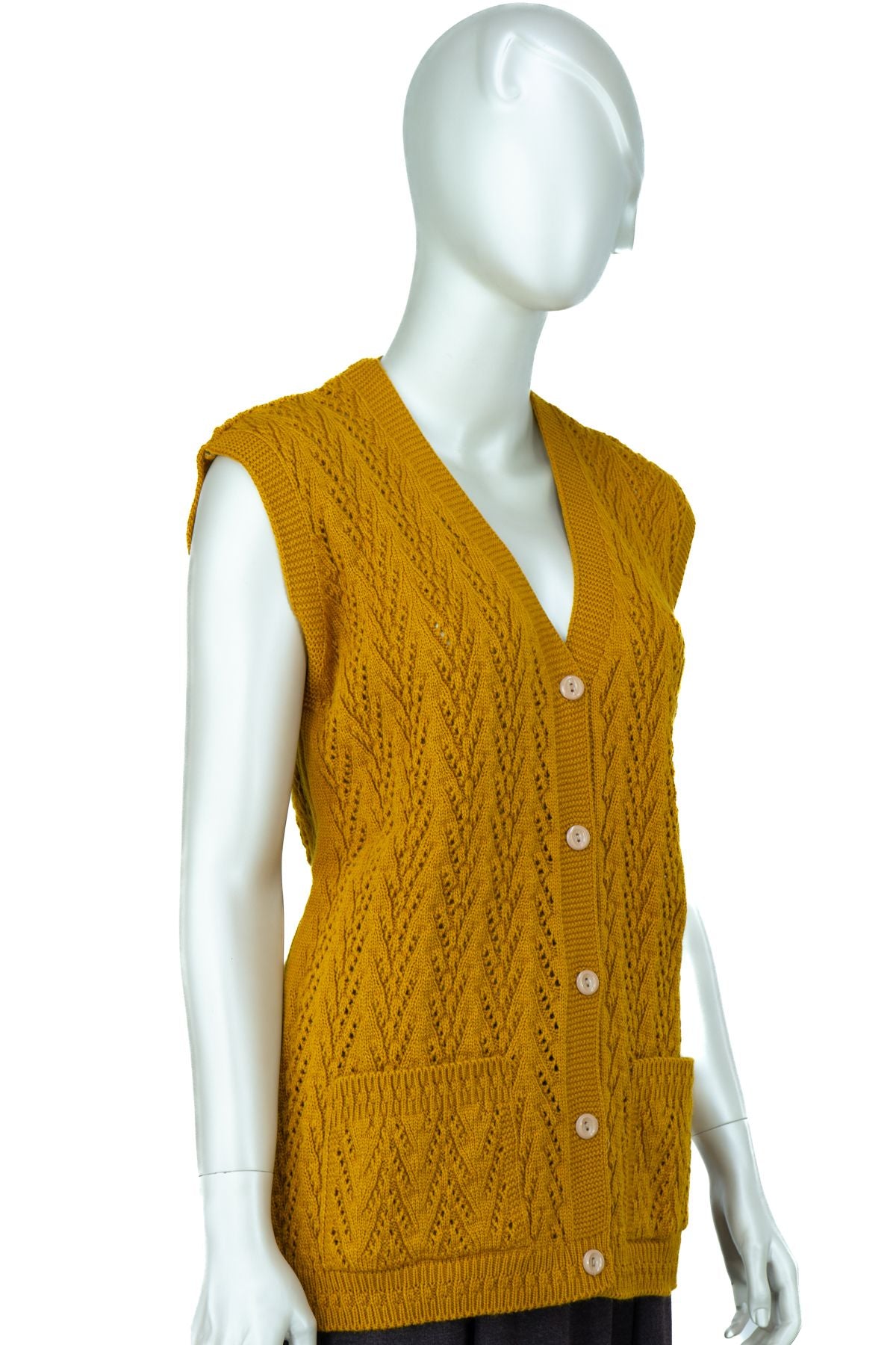 Kadın Kışlık Pamuklu Triko Klasik Örme Anne Yelek Kilim Örgü Model Önden Düğmeli Çift Cepli