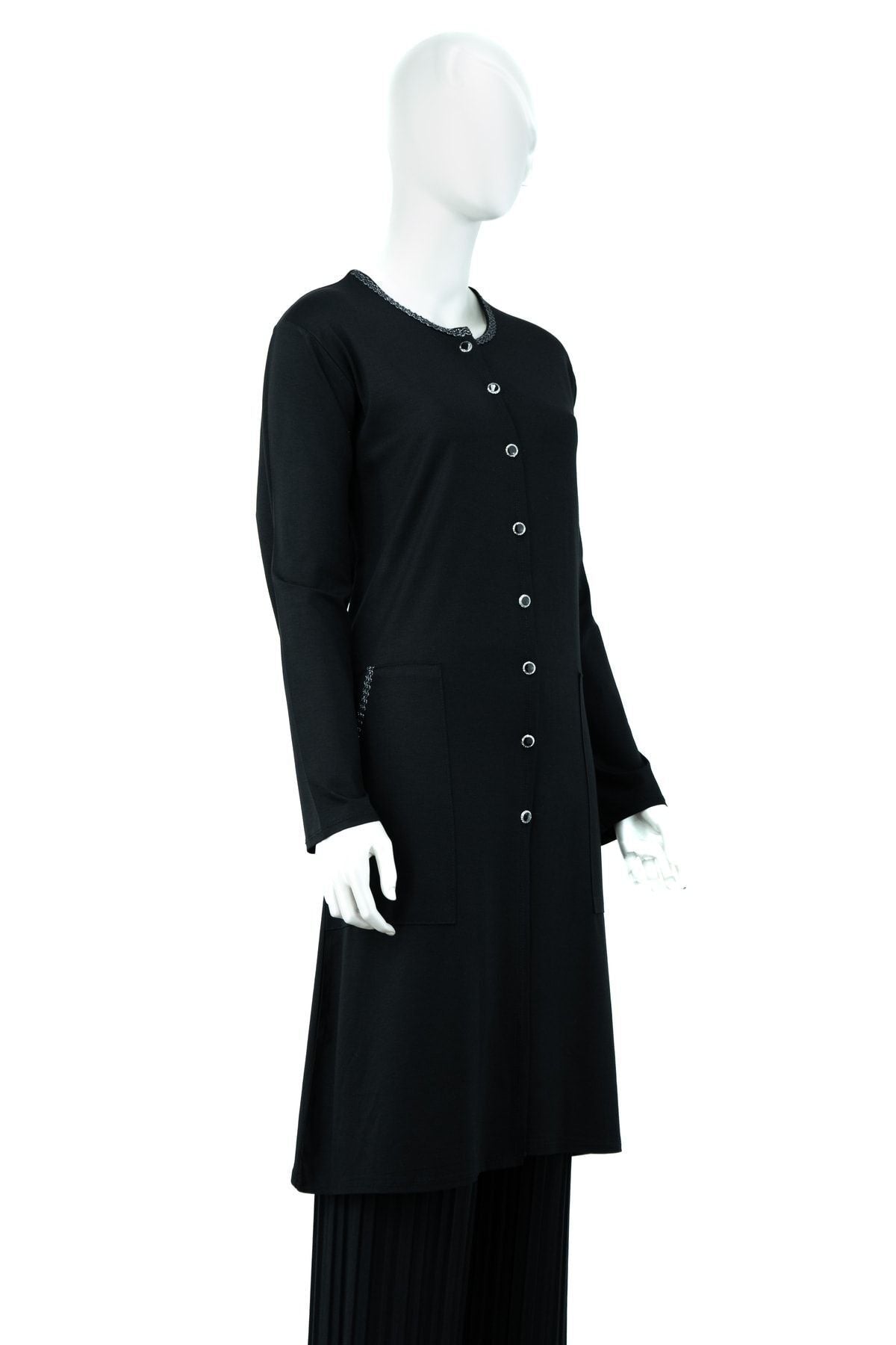 Kadın Düğmeli Cepli Normal Kesim Likralı Sıfır Yaka Turlu Viskon Penye Kumaş Uzun Anne Hırka