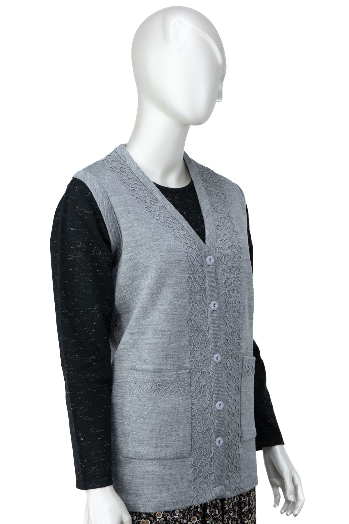 Kadın Çelik Örme Anne Yelek V Yaka Sarmaşık Nakışlı Çift Cepli Düğmeli Tam Kalıp Likralı