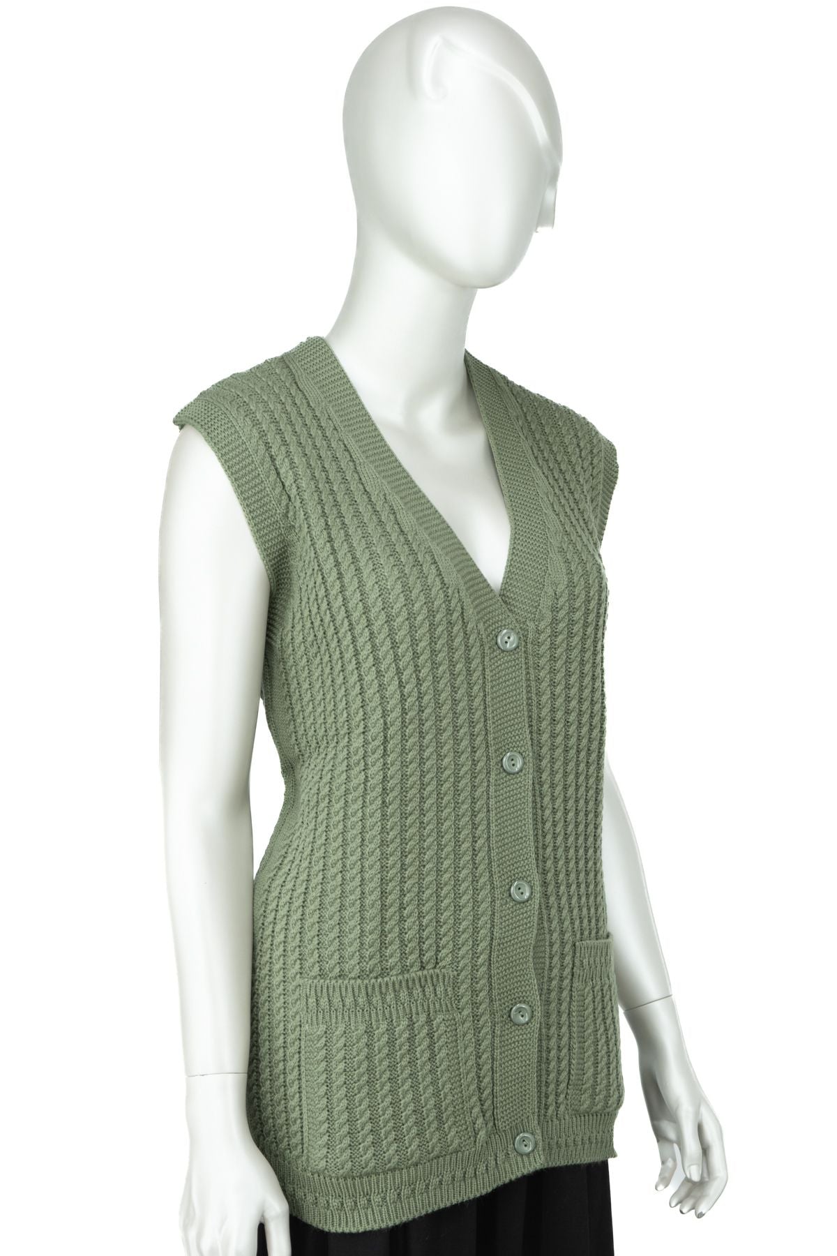 Kadın Kışlık Pamuklu Triko Klasik Örme Anne Yelek Saç Örgü Model Önden Düğmeli Çift Cepli