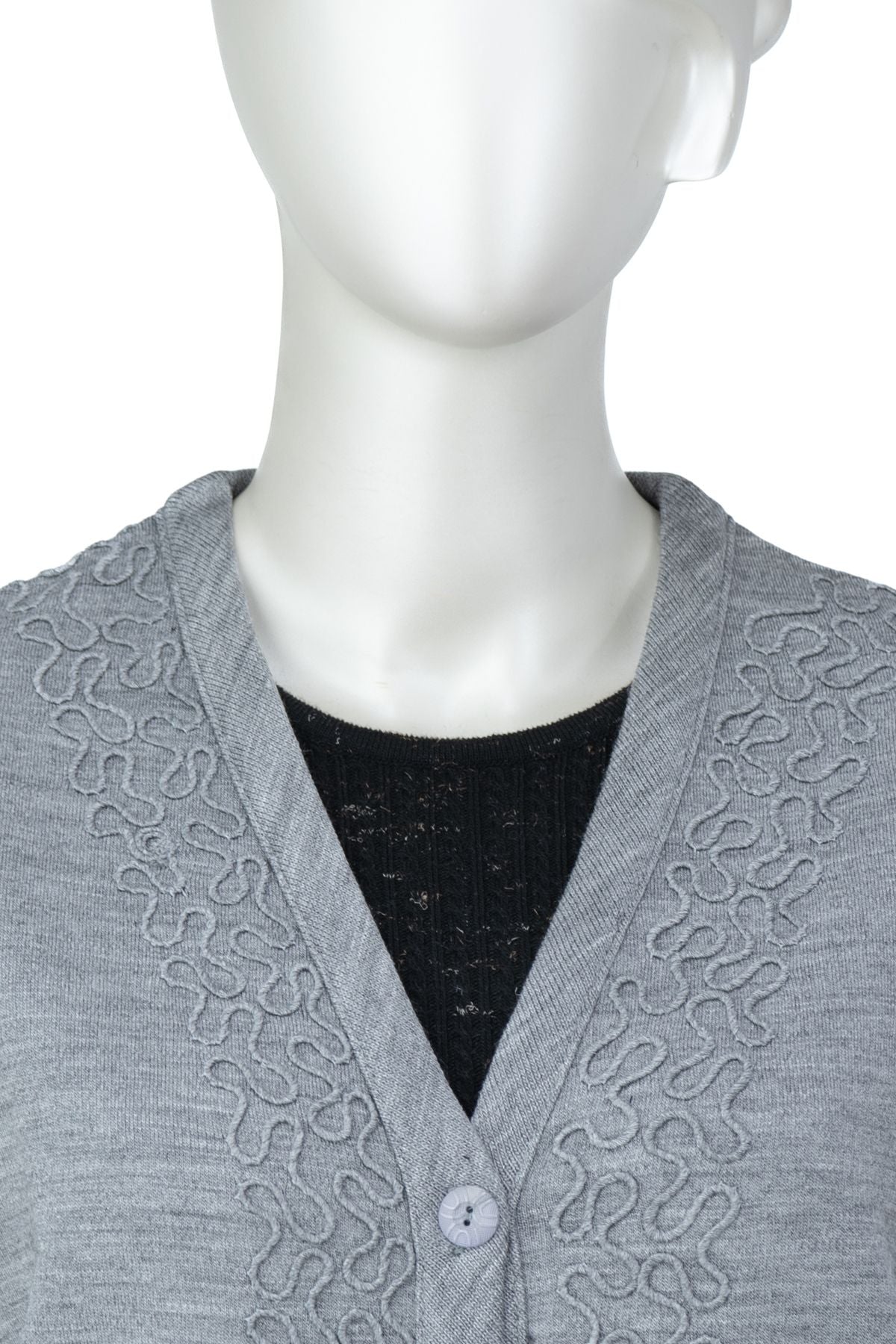 Kadın Çelik Örme Anne Yelek V Yaka Sarmaşık Nakışlı Çift Cepli Düğmeli Tam Kalıp Likralı