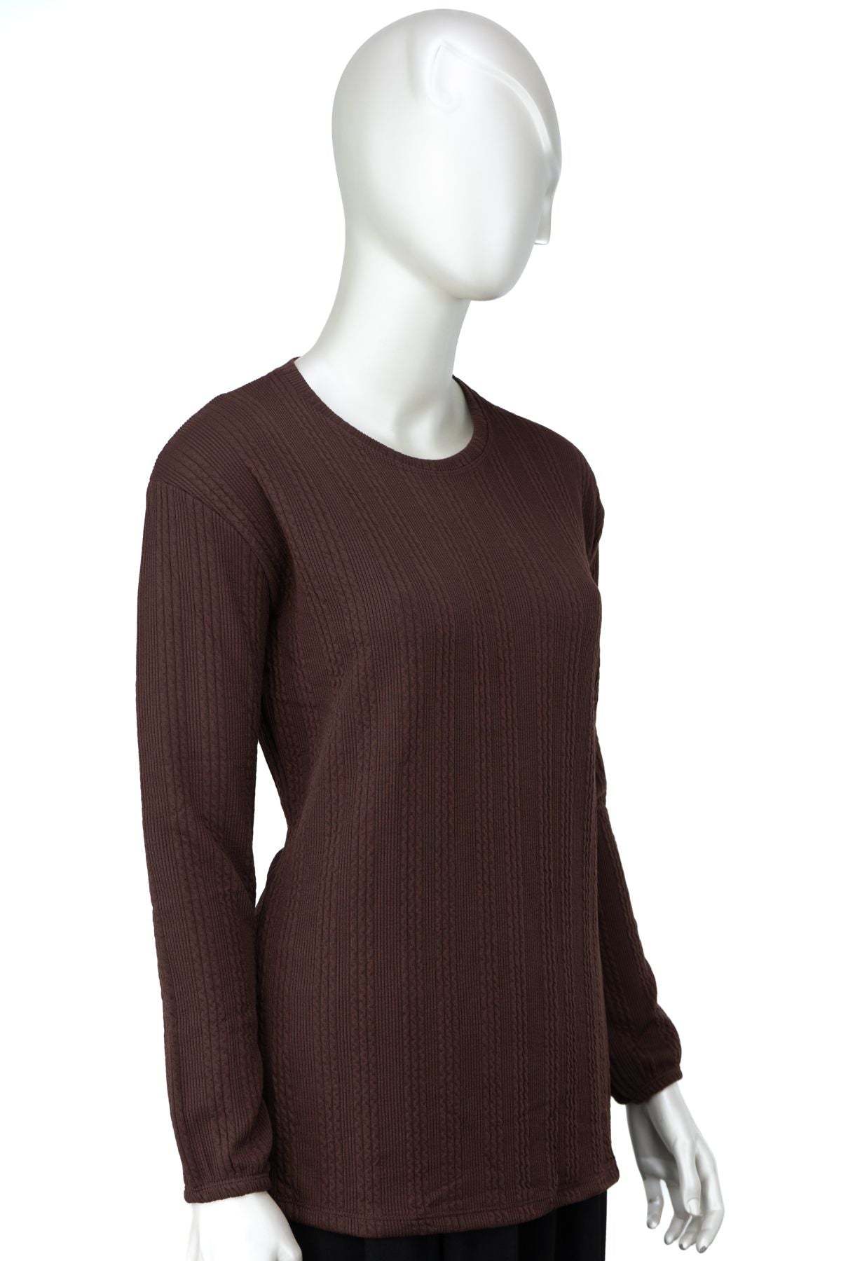 Kadın Kışlık Badi Bluz Gofre Kumaş Kendinden Desenli Likralı Yuvarlak Yaka Uzun Kollu Rahat