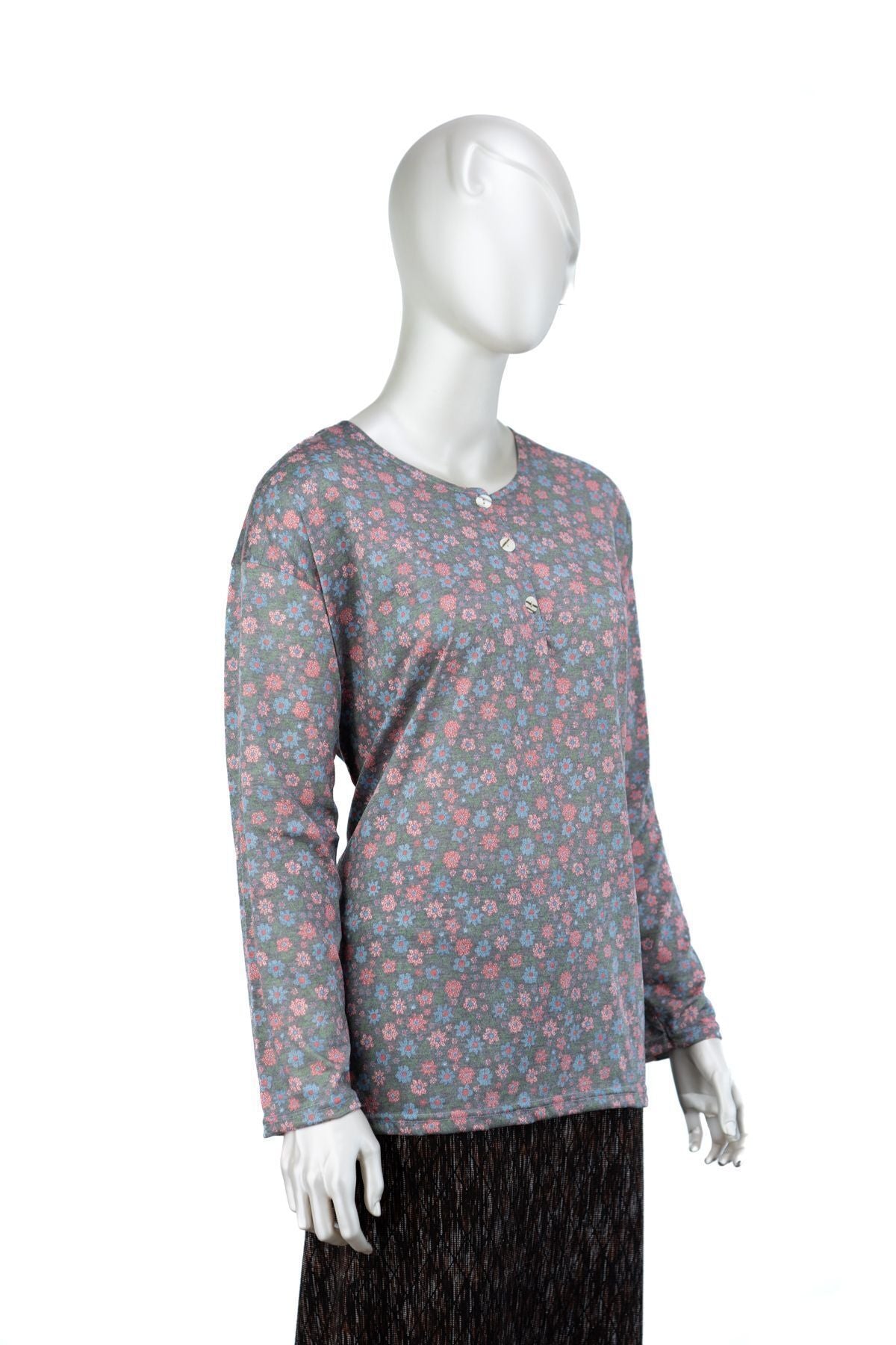 Kadın Kağıt Baskı Klasik Anne Bluz Papatya Desenli Üç Düğmeli Yuvarlak Yaka Tam Kalıp