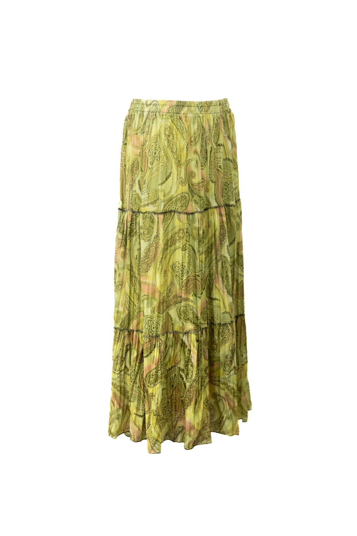 Kadın Astarlı Şifon Etek Manolya Desenli Beli Lastikli Rahat Kesim Parçalı