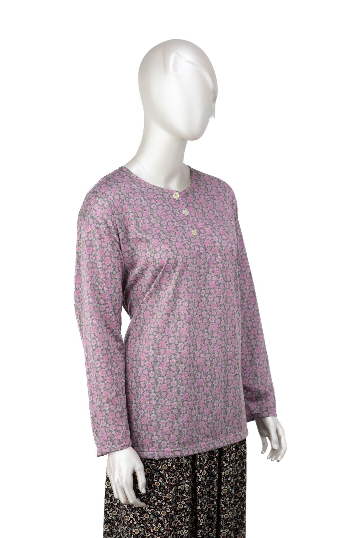 Kadın Kağıt Baskı Klasik Anne Bluz Pamuk Kumaş Manolya Desenli Üç Düğmeli Tam Kalıp