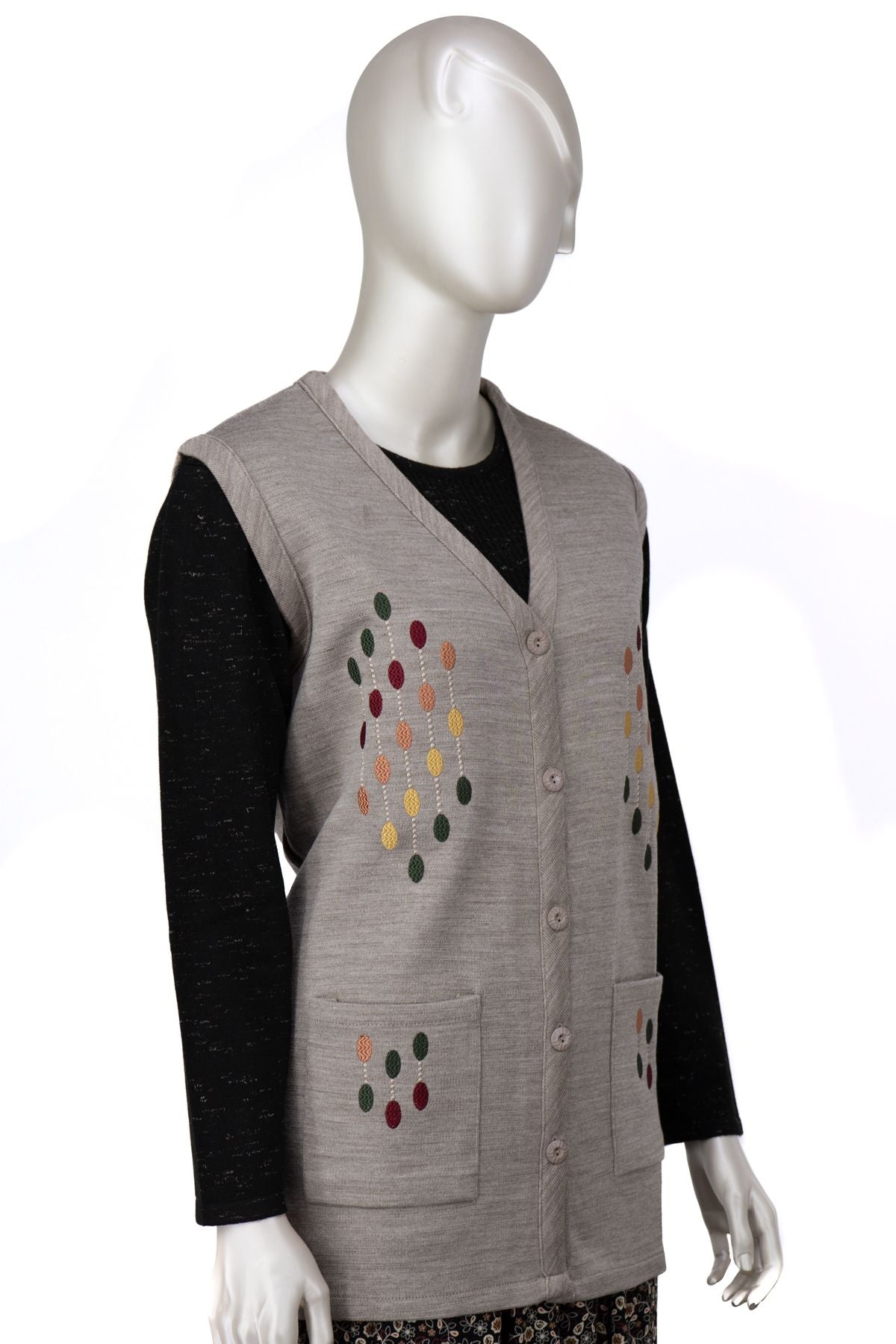 Kadın Çelik Örme Anne Yelek V Yaka Damlam Nakışlı Çift Cepli Düğmeli Rahat Tam Kalıp Likralı