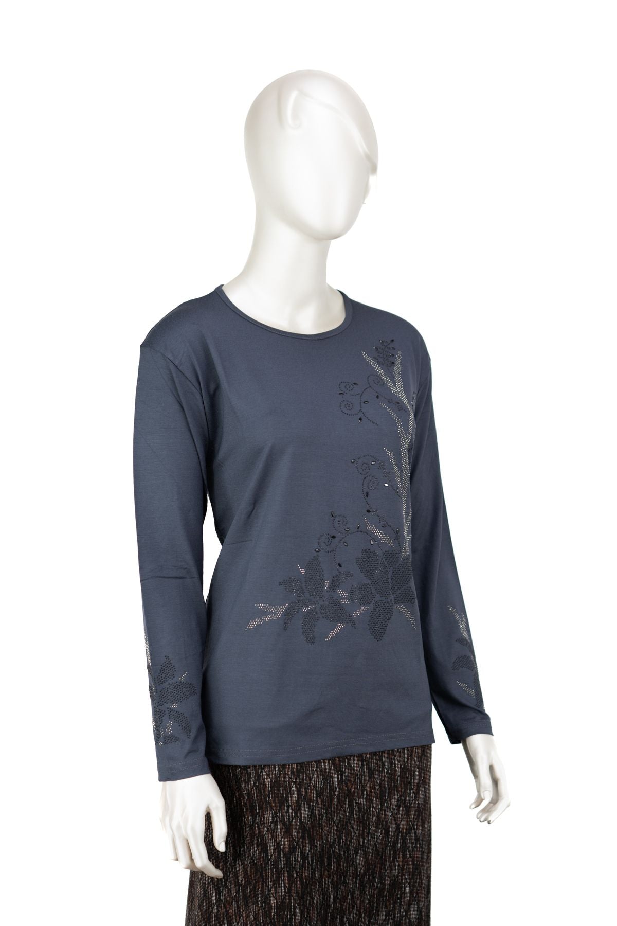 Kadın Turlu Viskon Penye Kumaş Anne Bluz Şık Çiçek Taşlı Yuvarlak Yaka Tam Kalıp Likralı