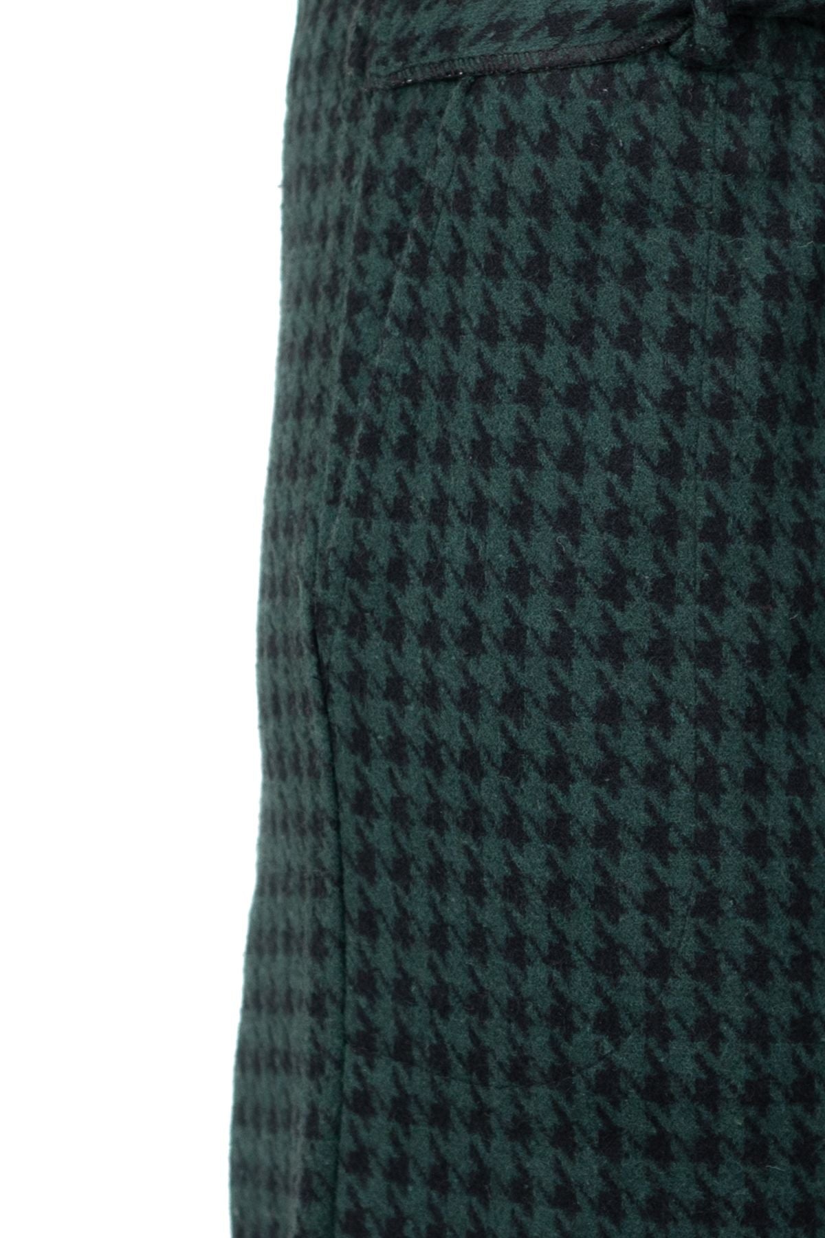 Kadın Kalın Kışlık Pamuklu Örme Pantolon ispanyol Paça Kemerli Ekose Desenli Cepli Tam Kalıp