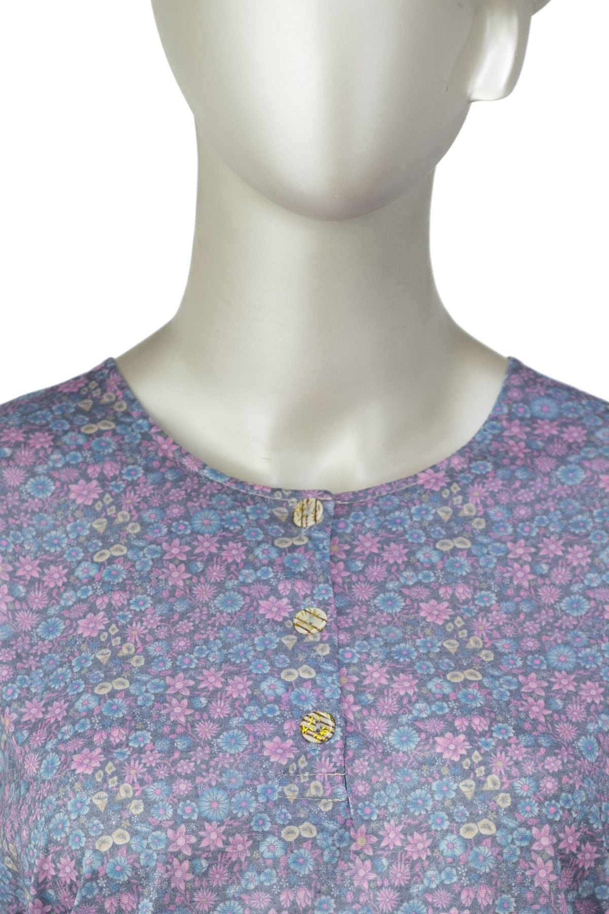 Kadın Kağıt Baskı Klasik Anne Bluz Pamuk Kumaş Fulya Desenli Üç Düğmeli Rahat Tam Kalıp