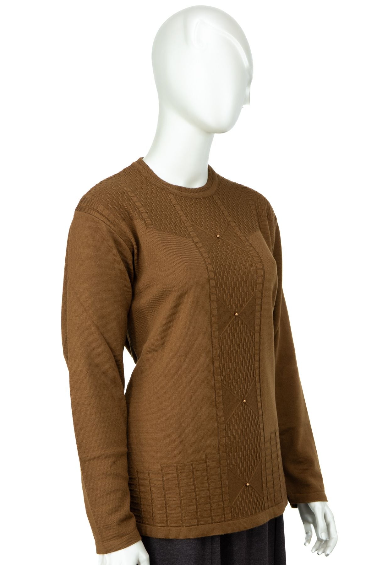 Kadın Kışlık Pamuklu Triko Dokuma Anne Kazak Boncuklu Tasarım Motifli Yuvarlak Yakalı