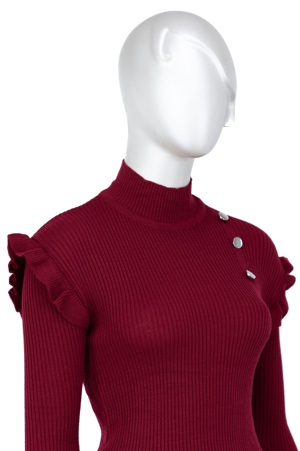 Kadın Kışlık Kolları Şık DüğmeDetaylı Yarım Yaka Bedene Oturan Likralı Örme Triko Badi Kazak