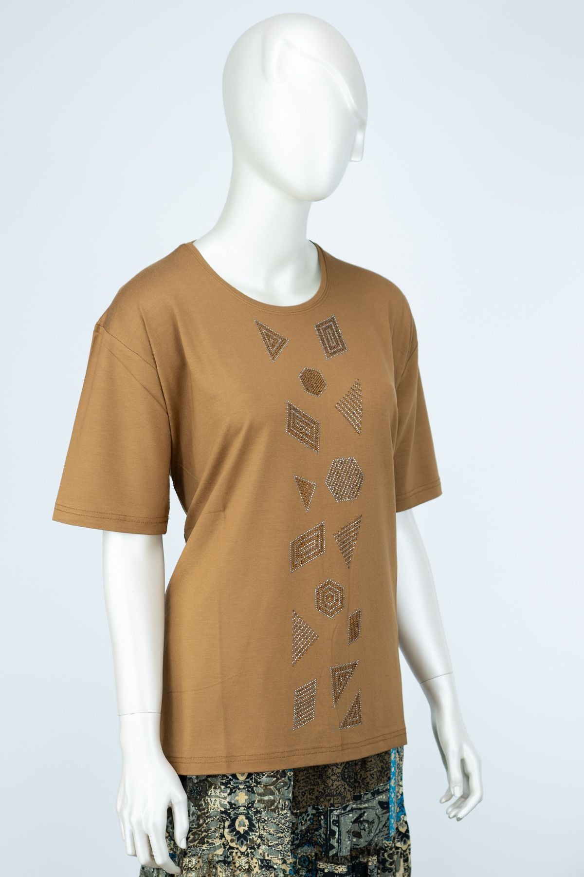 Kadın Düğün Taşlı Yuvarlak Yaka Kısa Kol Tam Kalıp Büyük Beden Viskon Penye Kumaş Anne Bluz