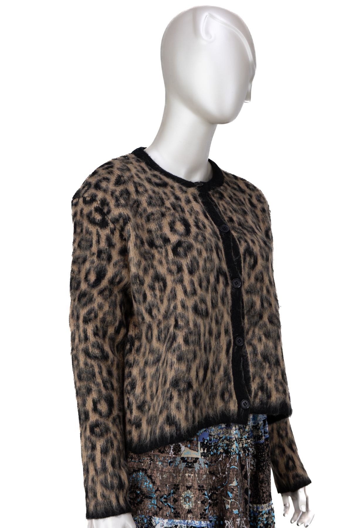 Kadın Kışlık Yün Örme Triko Hırka Over Size Standart Beden Bisiklet Yaka Leopar Motifli