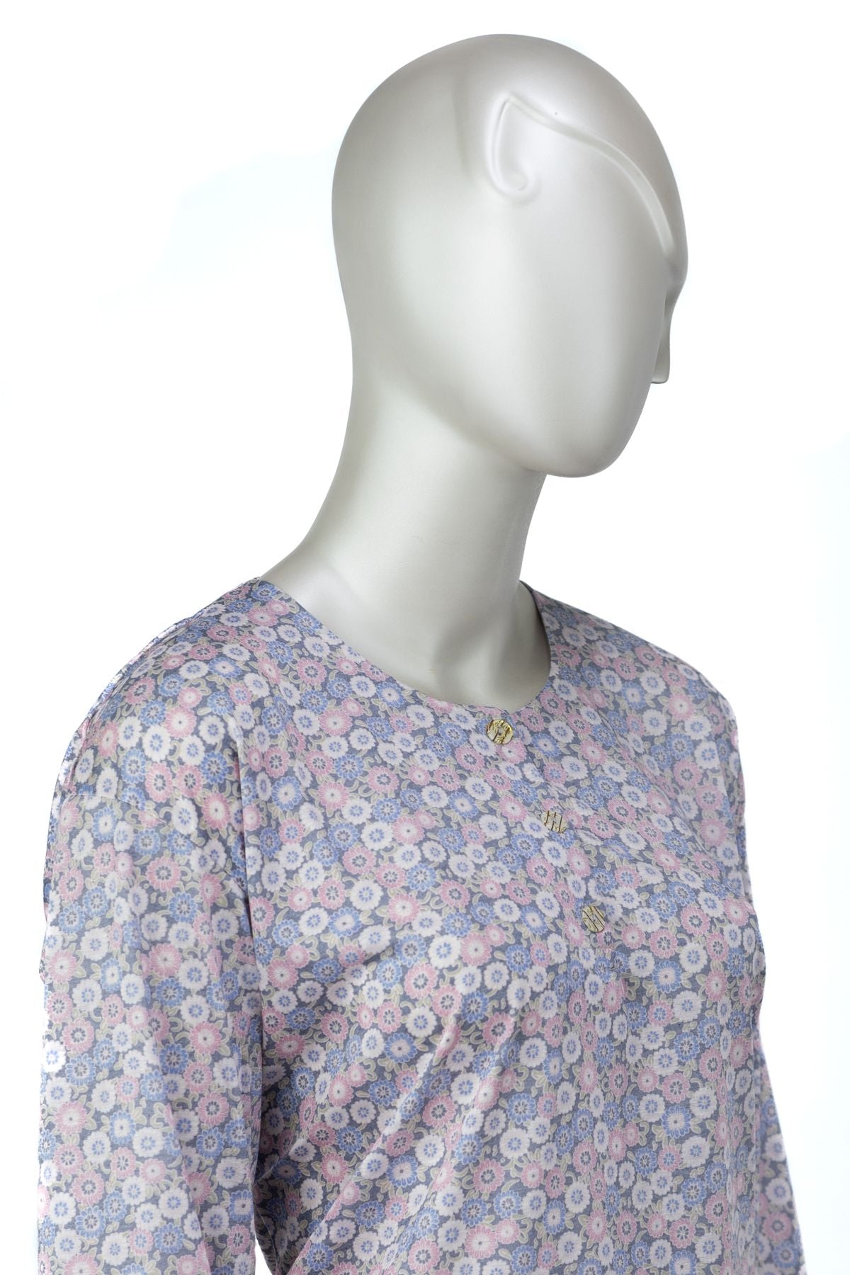 Kadın Kağıt Baskı Klasik Anne Bluz Pamuk Kumaş Manolya Desenli Üç Düğmeli Tam Kalıp