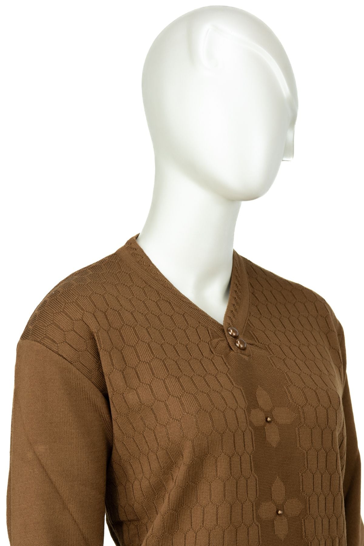 Kadın Kışlık Pamuklu Triko Dokuma Anne Kazak Boncuklu Petek Motifli V Yakalı Rahat Kesim